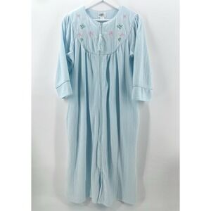 Casual Nights Womens Embroidered Zip Front Housecoat Striped Blue Size SM Z1002